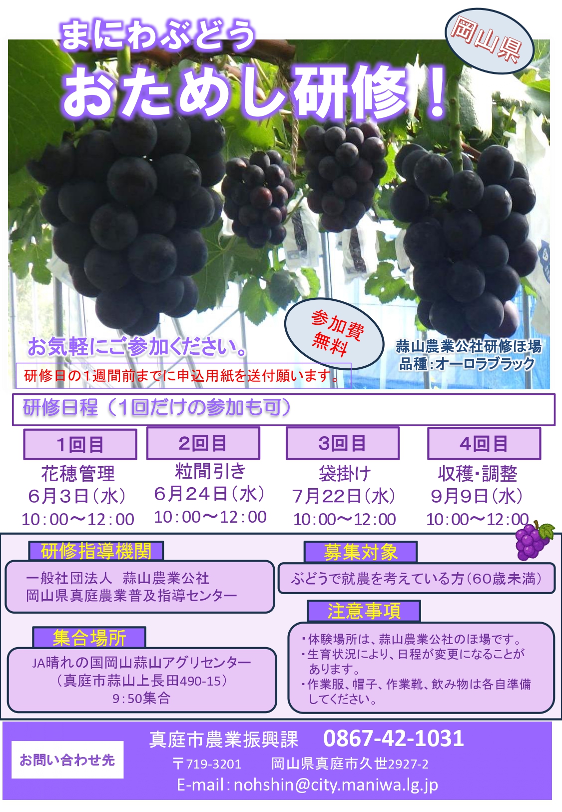 蒜山地域でぶどうの栽培体験研修開催　参加者募集